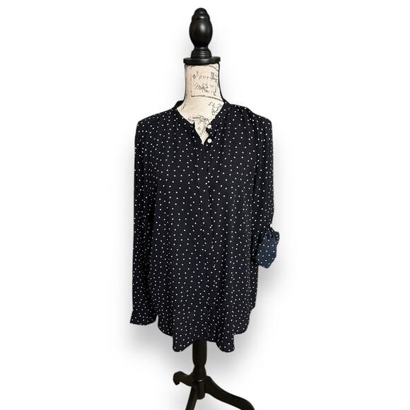 Loft Long Sleeve Collarless Button Down Blouse Navy Blue White Polka Dot Large - Picture 3 of 6